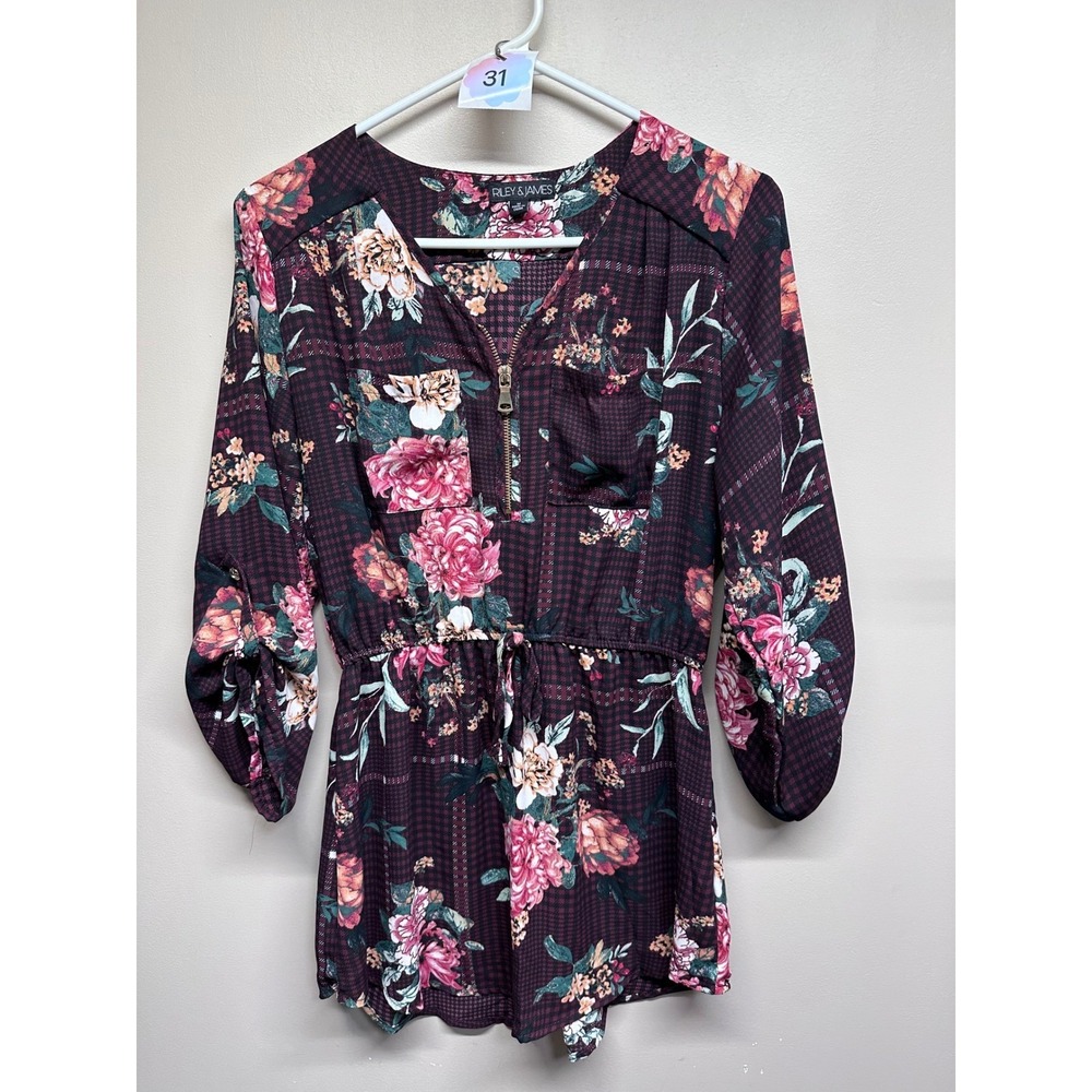 Riley & James Medium Floral Print Quarter Zip Drawstring Waist Tunic Top Women's